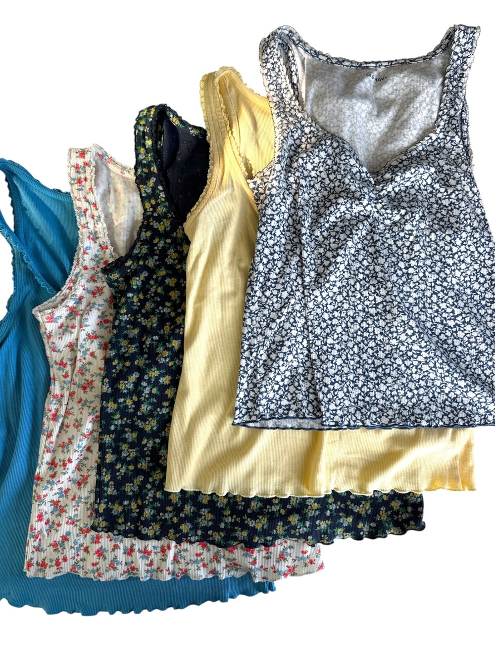 Set of 5 Old Navy Yellow Blue Floral Ribbed Tank Tops Lettuce-Edge Trim Medium